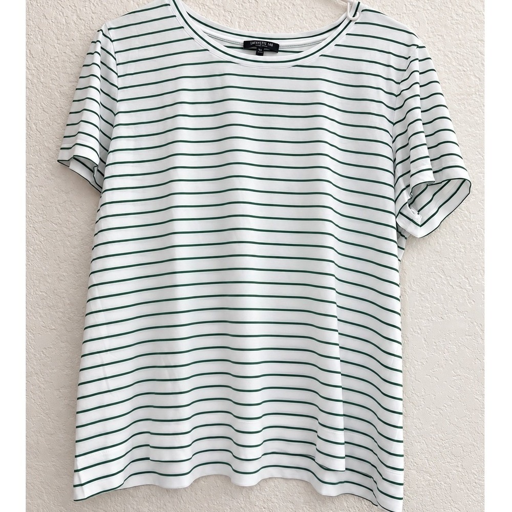 Lafayette 148 New York Women XL White Green Stripe Cotton T shirt NWOT Classic